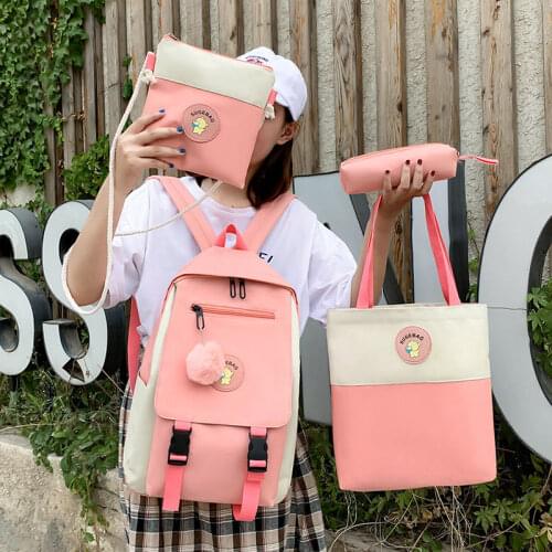 4 Pcs Set Harajuku Lady Backpacks Simple Teenager Girl Student SchoolBag Canvas Women Backpack School Bags Solid Color Book Bags