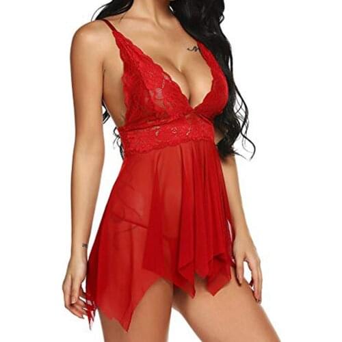 Nightgowns Sleepshirts Women Mini Nightie Lingerie Sexy Lace Babydoll see through Night dress women elegant red deep v sleepwear