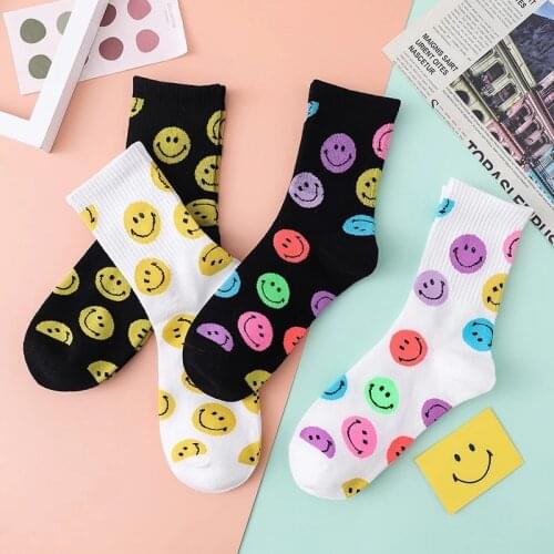 New SmileyFace Womens Socks Cotton Tube Socks Ins Tide Socks Sports And Leisure Sweat-Absorbent Breathable Cotton Socks