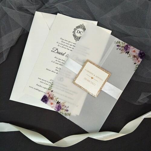 50PC/lot Vellum Wedding Invitations with Rose Gold Glitter Tag DIY Purple Flower Print Bridal Shower Cards Sweet 15 Invites