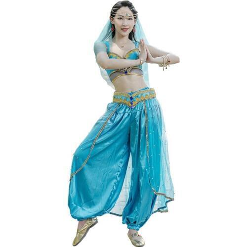 Christmas Halloween Costumes Belly Dancing Clothes Jasmine Princess Costume Women Bollywood Costume 3 Pieces Set Veil Top Pant