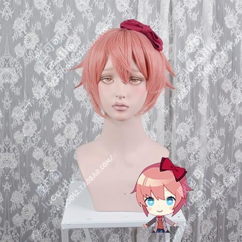 Anime Doki Doki Literature Club Sayori Synthetic Cosplay Wig Natural Wave Short Pink Anime Bob Hair Wigs + Red bow + Wig Cap