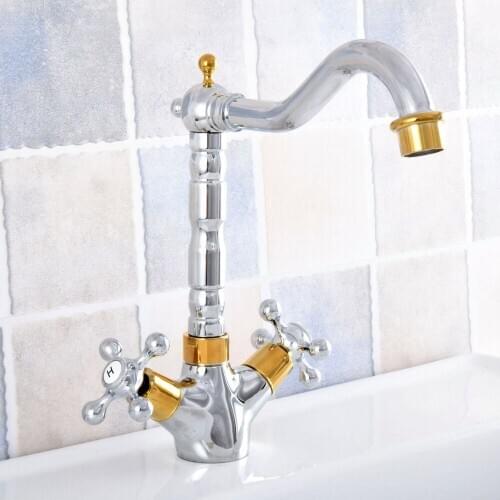 Gold Silver Brass Bathroom Sink Faucet Basin Mixer Tap Double Cross Head Handle Single Hole Hot and Cold Water Nsf806