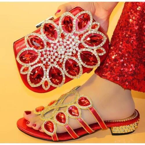 Gorgeous red women sandals with rhinestone and big crystal african shoes match handbag set for party dress V0741, heel 3.8cm