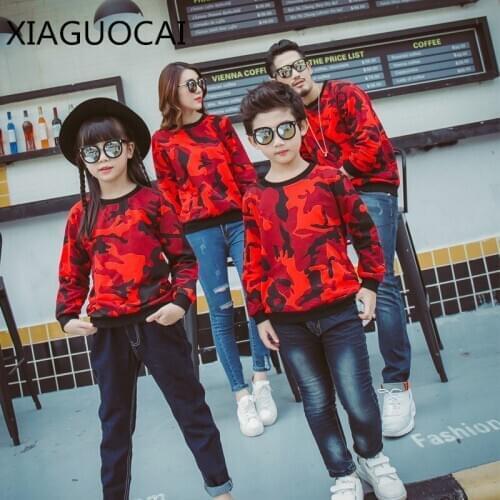 XiaGuoCai Family Matching Outfits father Mother And children Sweater Red camouflage sweater Spring and Autumn Festive l64 35