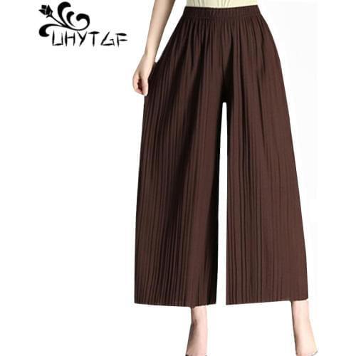 UHYTGF wide-leg pants sweatpants women Korean pleated high waist summer pants female fashion chiffon loose wild thin pants 978