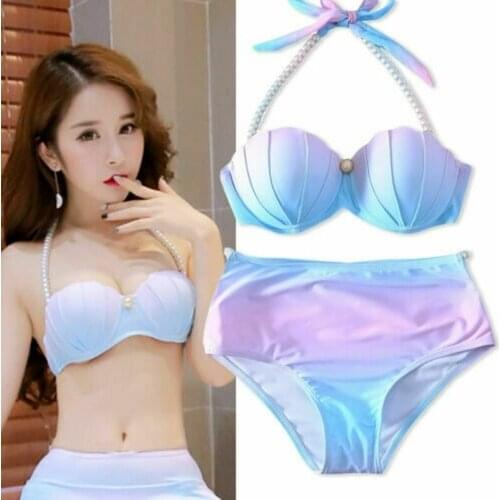 Womens Pearl Sling Bikini Suit Gradient Mermaid Shell Pearl Bra Swimsuit with Cushion Push Up Swimsuit Sea Speed Dry Sexy