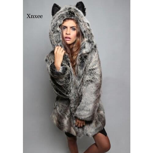 Women Winter Long Thick Warm Faux Fox Fur Coat Women Cute Animal Ear Hooded Faux Fur Coats Black Lady Elegant Overcoat Clothing