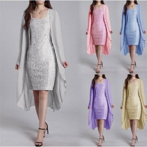2019 cross border womens Amazon wish spring and autumn fashion elegant lace solid color collage dress two piece set