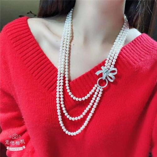 3rows freshwater pearl white /gray 7-8mm near round 45-65cm wholesale nature beads FPPJ bowknot hooks