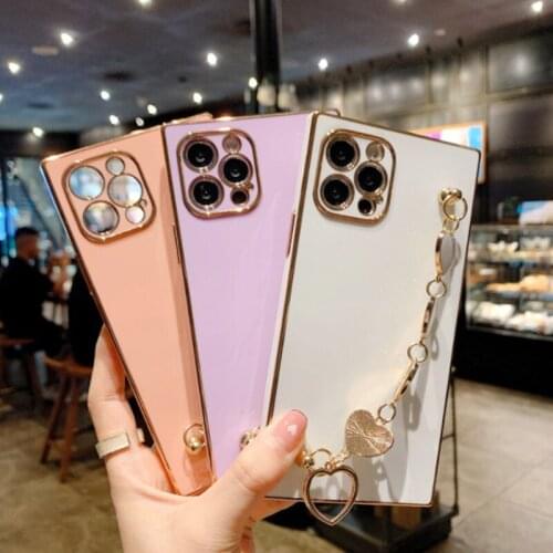 Luxury Plating Square Love Heart Wrist Chain Phone Case For iphone 12Pro MAX 11Pro XS MAX XR X 7 8 Plus Electroplated Soft Cover