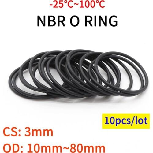 10pcs Black O Ring Gasket CS 3mm OD 10mm ~ 80mm NBR Automobile Nitrile Rubber Round O Type Corrosion Oil Resist Sealing Washer