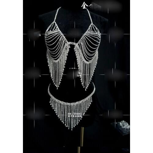 Girl Bar Singer Full Diamond Costume Nighclub sparkly costume Bikini Tassel Drill Gogo Diamond Dress
