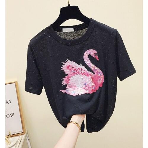 Tshirts Womens Summer Black Sparkel Embroidery Short Sleeve Tshirt Woman O Neck Causail Korean TeesT-shirt Tops Women Clothes
