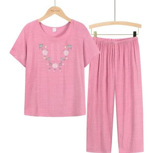 Two Pieces Set Embroidered Short-Sleeved Colorful Brief Summer 2021 Womens Clothing Pure Loose Cotton Pantsuit Big Size XL-4XL