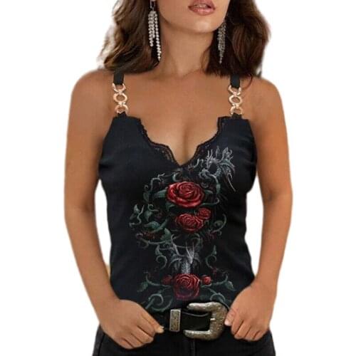 Womens Tops Sleeveless V-Neck Spring Summer 2021 New Lace Decoration Printed Camisole Sexy Fashion T-Shirt Female Wholesale