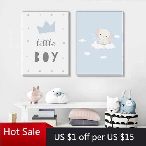 Sweet Cartoon Blue Happy Little Elephant Nursery Baby Wall Art Decor Canvas Painting Poster Print Picture Gift Baby Room Decor