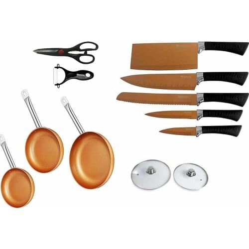 Set of 3 pans 2 caps knives scissors COPPER COLOR COPPER COPPER PAN fit oven non-stick pans for kitchen SARTEN
