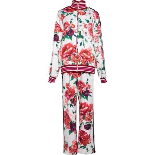Wholesale Runway Design Floral Print Women Coat Turtleneck Zip Casual Jacket + Elastic Waist Ankle-Length Pants Vintage Set