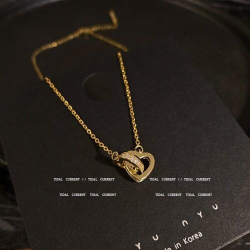 Gold Plated Titanium Steel Clavicle Chain Choker Necklace Luxury Interlocking Zircon Love Heart Pendant Necklaces for Women