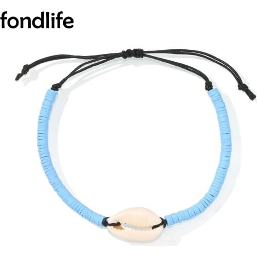 Boho Recyclable Polymer Clay Cowrie Shell Bracelet Women Men Black Cord Handmade Adjustable Discs Heishi Female Gift Summer Acc