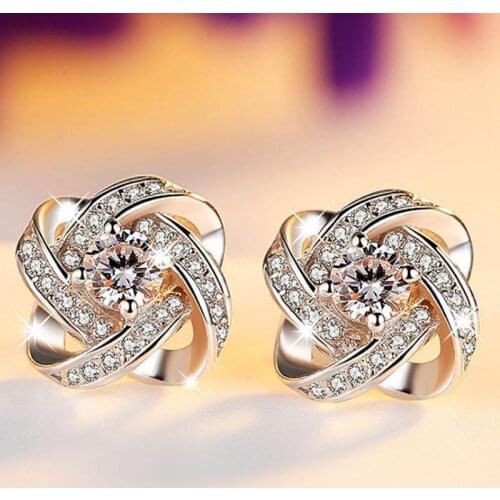 Flower Blossoms Flower Crystal Stud Earrings Silver Color Ear Studs Womens Fine Jewelry Mothers day Birthday