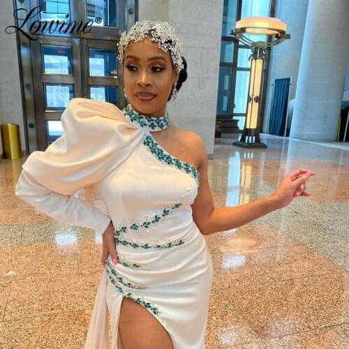 Dubai One Shoulder Crystals Evening Dresses High Split Side Satin Long Mermaid Party Gowns 2021 Beaded Plus Size Prom Dresses