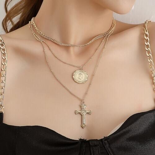 Vintage Multilayer Chains Necklace Figure Jesus Cross Pendant Necklace Women Exaggerated Geometric Necklace Party Jewelry Kolye