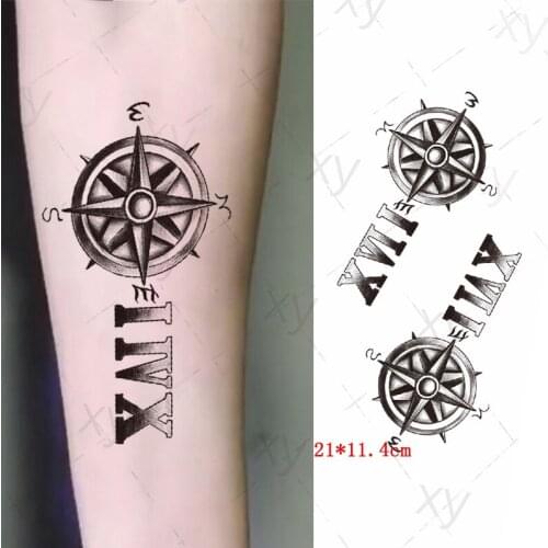 Compass Lettering Temporary Tattoos for Men Women Adult Black Lion Crown Cross Tattoo Sticker Fake Body Art Tatoos for 21*11.4cm