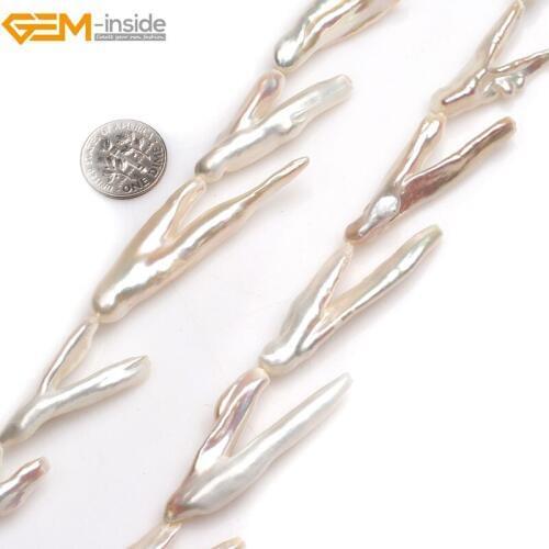 Gem-inside Natural Big Large V Shape White Stick Point Biwa Freshwater Cultured luster Pearls Beads for Jewelry Making 15'' DIY