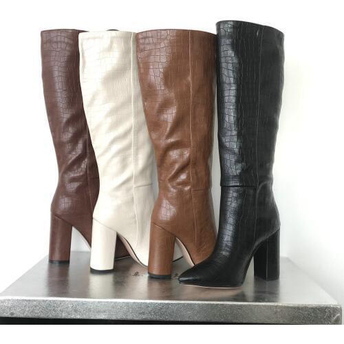 Band Designer Faux Leather Women Knee High Boots Pointed Toe Boots Women Long Chunky Block High Heel Boots Black Apricot Brown