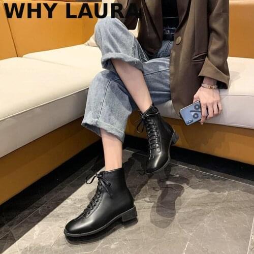 Womens leather Martin boots 2021 new winter British style casual womens boots medium leg thick heel ankle boots women round he