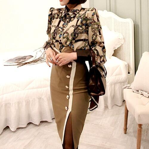 2 Pcs office work clothing set new style spring Vintage Chain print shirt Womens Sets Sexy Cut High Waist skirt Suit Set CC356