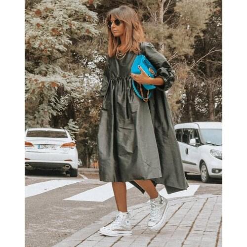 Summer 2021 Women Rose Red Maple Leaf Print Green Round Neck Dress Large Casual Loose Dresses