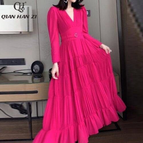 Qian Han Zi designer high-end custom fashion dress Women Long sleeve buttons belt Slim fit with pleated Elegant midi dress