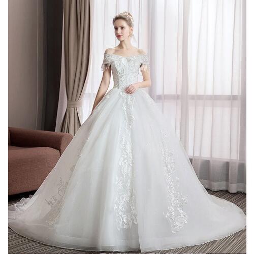 Boat Neck Off Shoulder Tassel Princess Wedding Dress 2021 Luxury Train Lace Women Wedding Dress Mariage Celebrity Dress