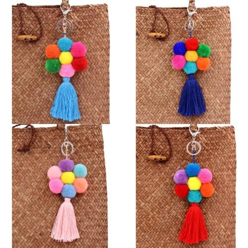 1pc Colorful Flower Pendant Pompons With Tassel Keychain Pom Pom Bag Hanging Keychain Key Ring Pendant Jewelry