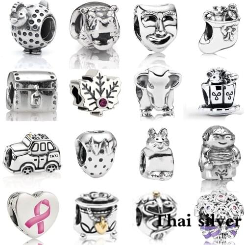 2019 NEW Thai Silver Retro Rose Flower Hippo Mask Treasure Chest Leaves Elephant Car Strawberry Heart Shaped Beaded Charm Limit