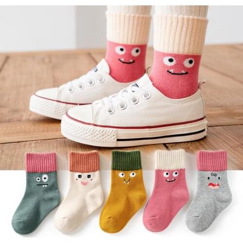 5 Pairs/lot Funny Expression Children Socks Cotton Socks Autumn Spring Kids Boys Girls Warm Mid Socks Cartoon Stripe Sports Sock