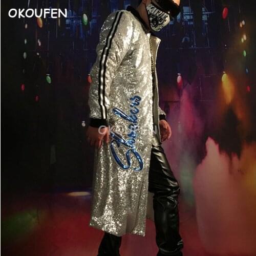 Personality New Man Silver Sequins long Coat costumes party show dance wear nightclub bar male singer dancer DJ stage jacket