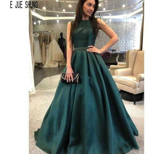 E JUE SHUNG Elegant Evening Dresses O Neck Backless Dusty Green Formal Prom Gowns Cheap Sleeveless Satin Vestidos De Fiesta