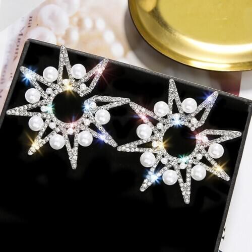 Exknl Fashion Big Stud Earrings Wedding simulated Pearl Sun Flower Crystal Gold Silver Color Night Club Earrings Women Jewelry