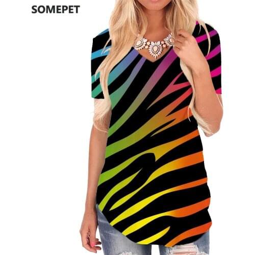 SOMEPET Stripe T-shirt women Zebra Shirt Print Colorful V-neck Tshirt Rainbow T-shirts 3d Womens Clothing Hip hop Casual Tops