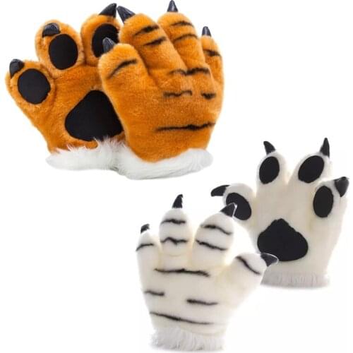 40GC Simulation Tiger Paw Plush Gloves Striped Fluffy Animal Cosplay Stuffed Mittens