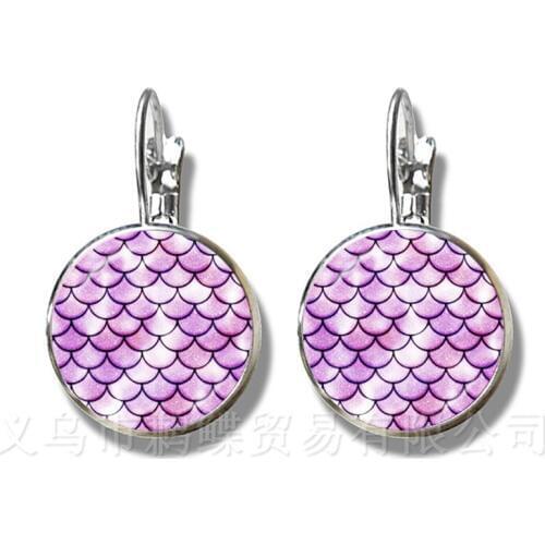 Handmade Glass Earrings Mermaid Fish Scale Pattern Classic Stud Earrings Silver Plated Jewelry For Women Girls