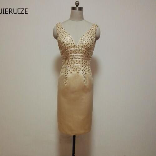 JIERUIZE Champagne Short Evening Dresses V-neck Crystals Formal Dresses Knee Length Mother of the Bride Dresses vestido de noche