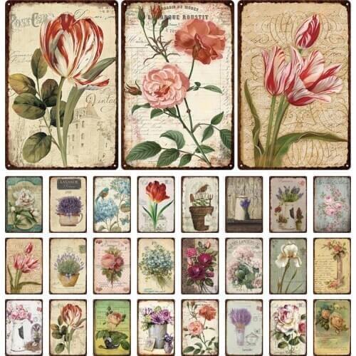 20X30Cm Retro Chic Flower Metal Tin Sign Lavender Rose Peony Iron Painting Exquisite Room Decorative Art Plates 20*30cm
