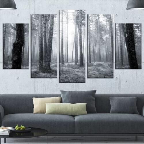 5pcs Black Forest Nature View Poster Modular Picture Wall Art Decor Canvas HD Printed Oil Paintings For Living Home Decoration