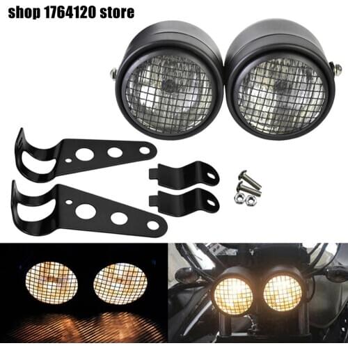 Motorcycle Dominator Grill Twins Dual Headlight Double Headlamp W/ Mount Bracket Custom For Harley Cafe Racer Bobber Custom
