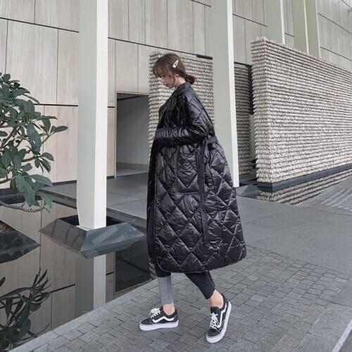 Cotton Coat Turn-Down Collar Overcoat Loose Jacket Pictureswomen Winter Thicken Beige Long Parkas Glossy Argyle Plaid Bandage